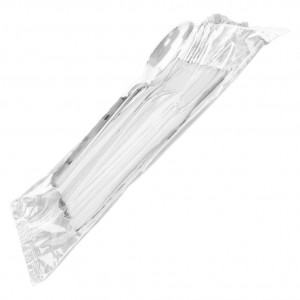 Pack cubiertos cuchillo tenedor cuchara servilleta transparente (cj. 500 un.)